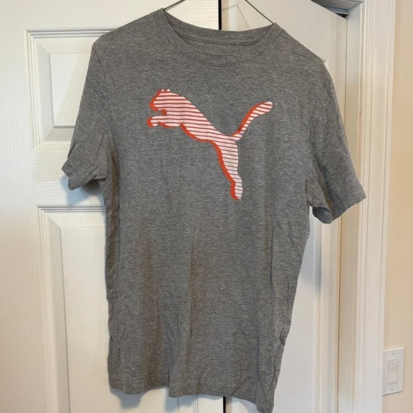 Puma Men's Heather Gray Tee with Striped Orange Logo Size S - Picture 1 of 6